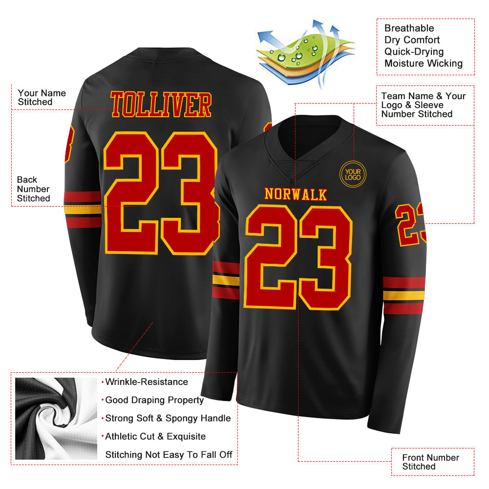 Custom Black Red-Gold Long Sleeve Authentic Football Jersey