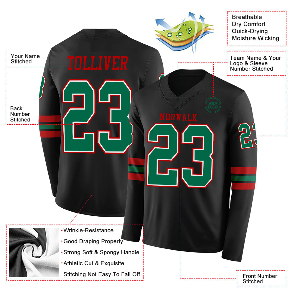 Custom Black Kelly Green White-Red Long Sleeve Authentic Football Jersey