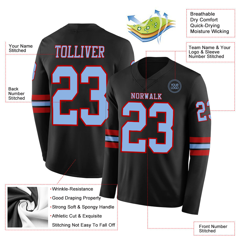 Custom Black Light Blue-Red Long Sleeve Authentic Football Jersey