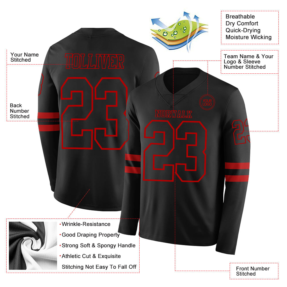 Custom Black Red Long Sleeve Authentic Football Jersey