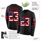 Custom Black USA Flag-Red Long Sleeve Authentic Football Jersey
