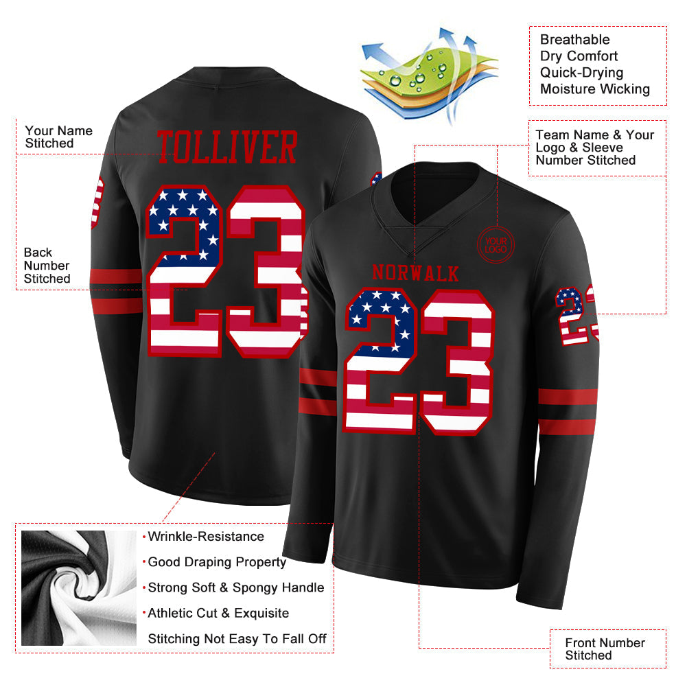 Custom Black USA Flag-Red Long Sleeve Authentic Football Jersey