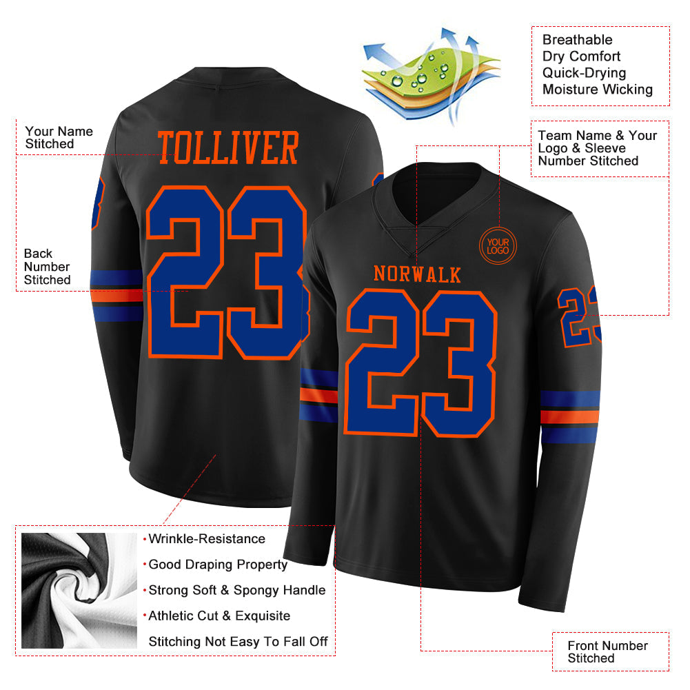 Custom Black Royal-Orange Long Sleeve Authentic Football Jersey