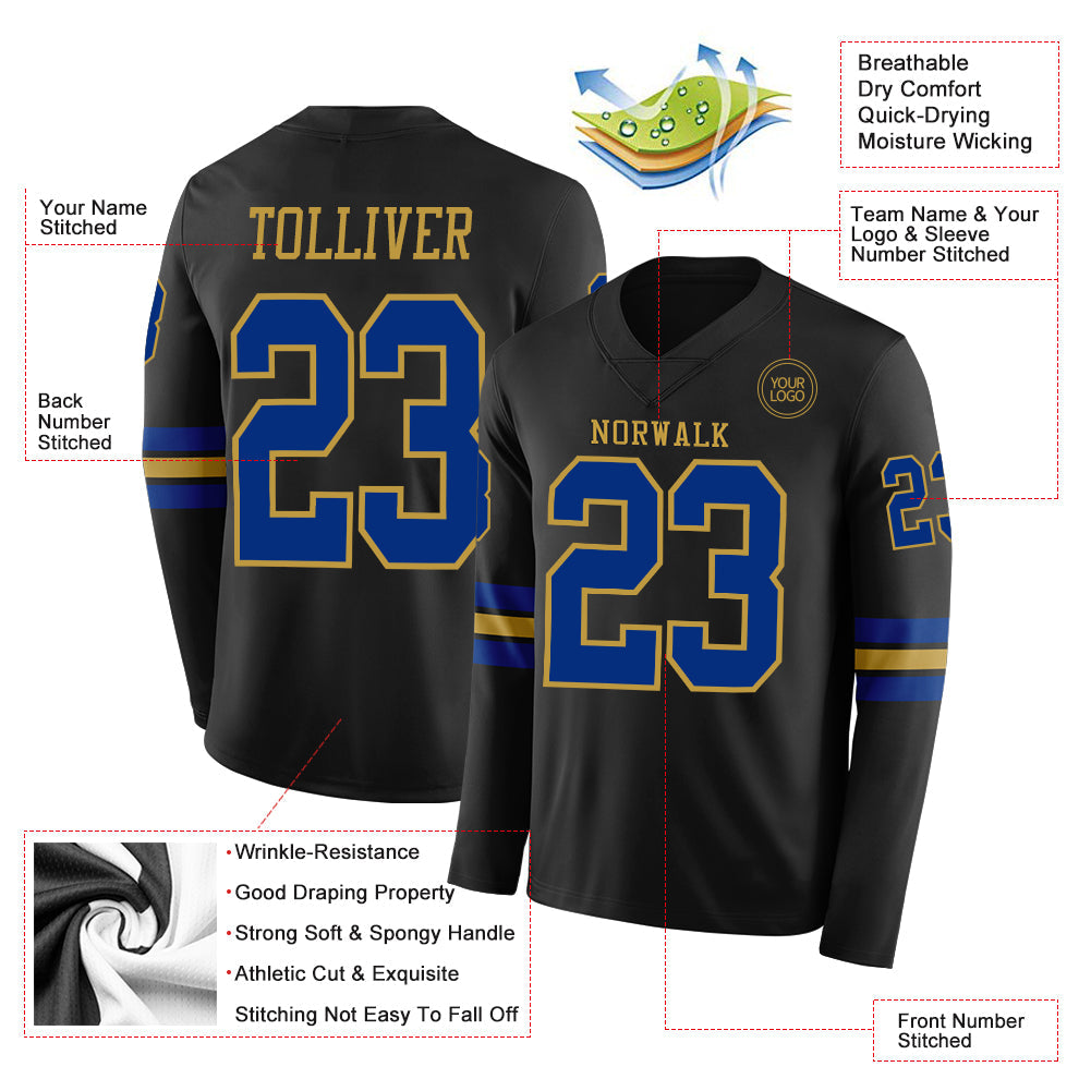 Custom Black Royal-Old Gold Long Sleeve Authentic Football Jersey