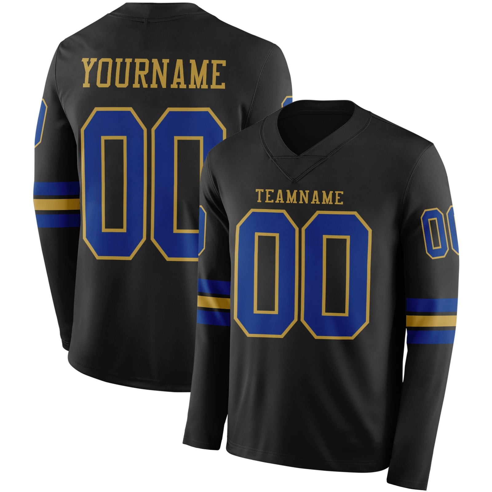 Custom Black Royal-Old Gold Long Sleeve Authentic Football Jersey