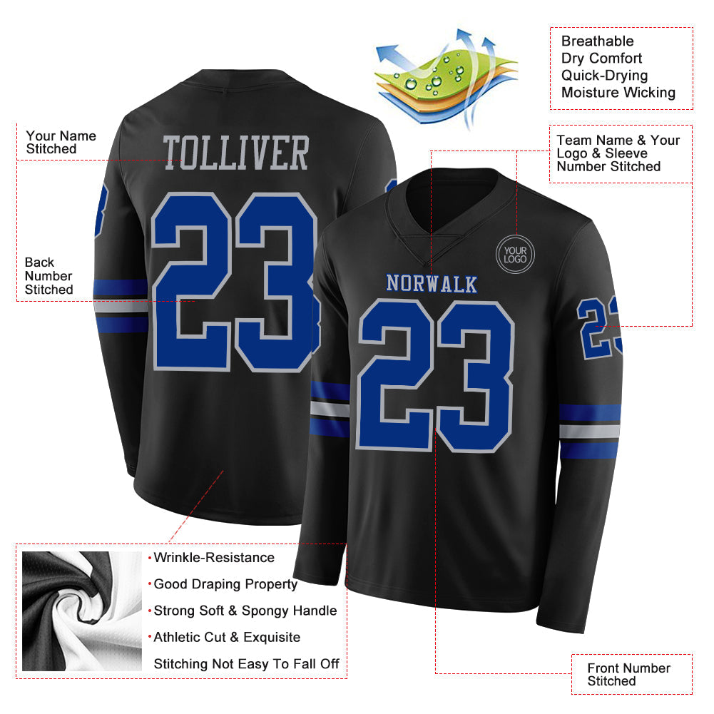 Custom Black Royal-Gray Long Sleeve Authentic Football Jersey