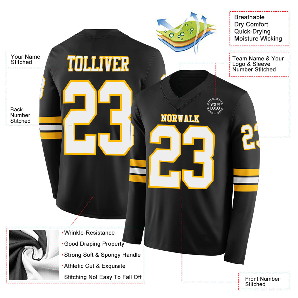 Custom Black White-Gold Long Sleeve Authentic Football Jersey