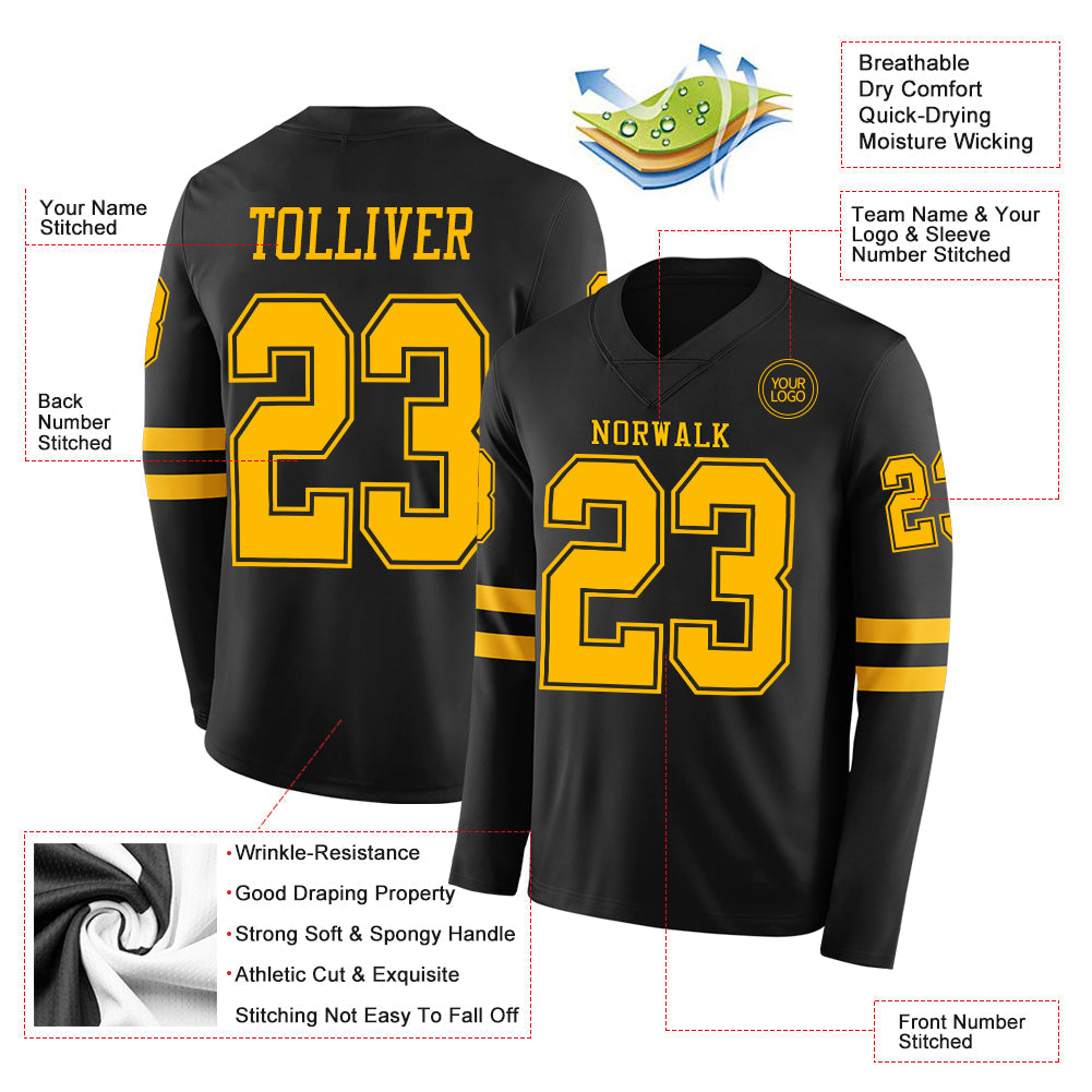 Custom Black Gold Long Sleeve Authentic Football Jersey