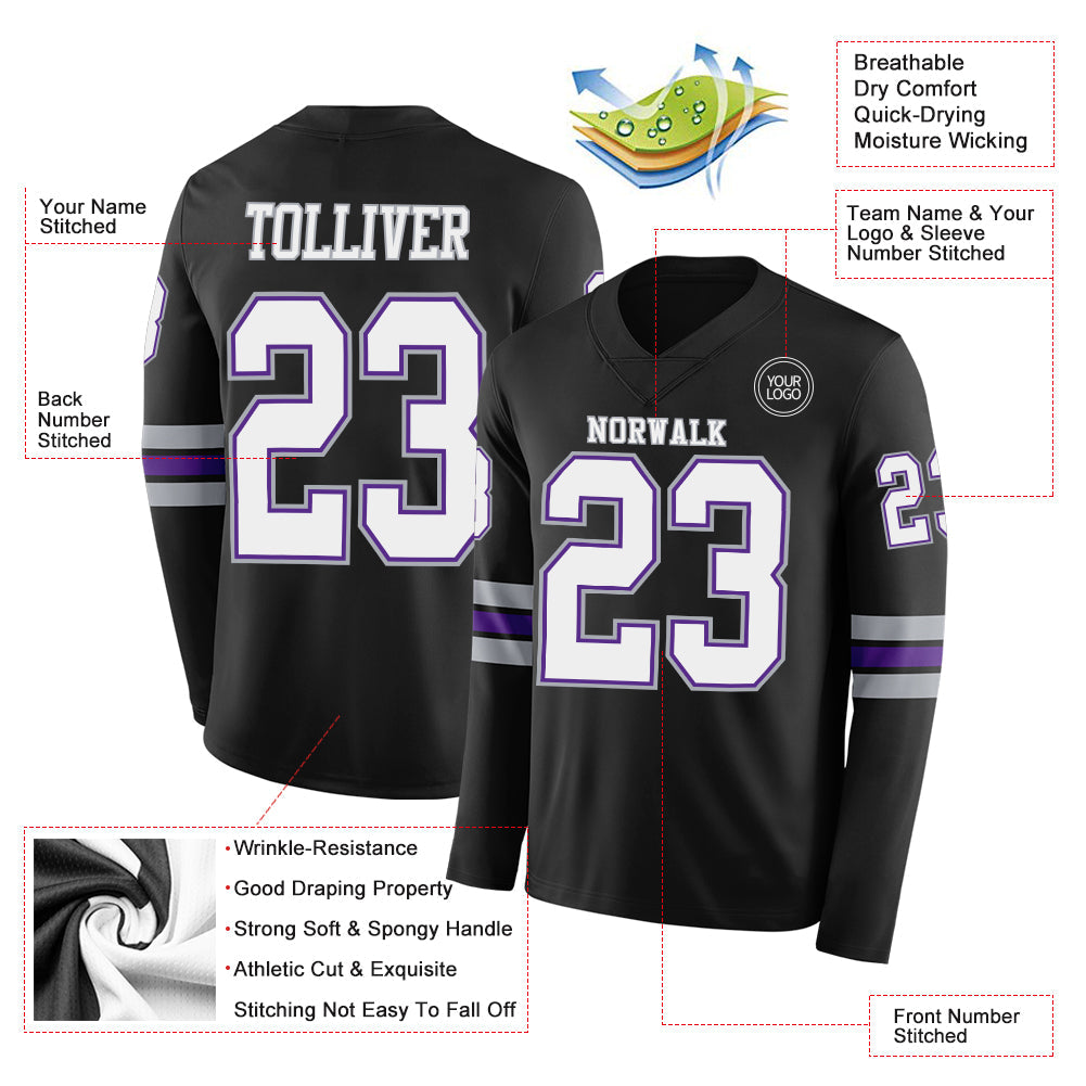 Custom Black White Purple-Gray Long Sleeve Authentic Football Jersey