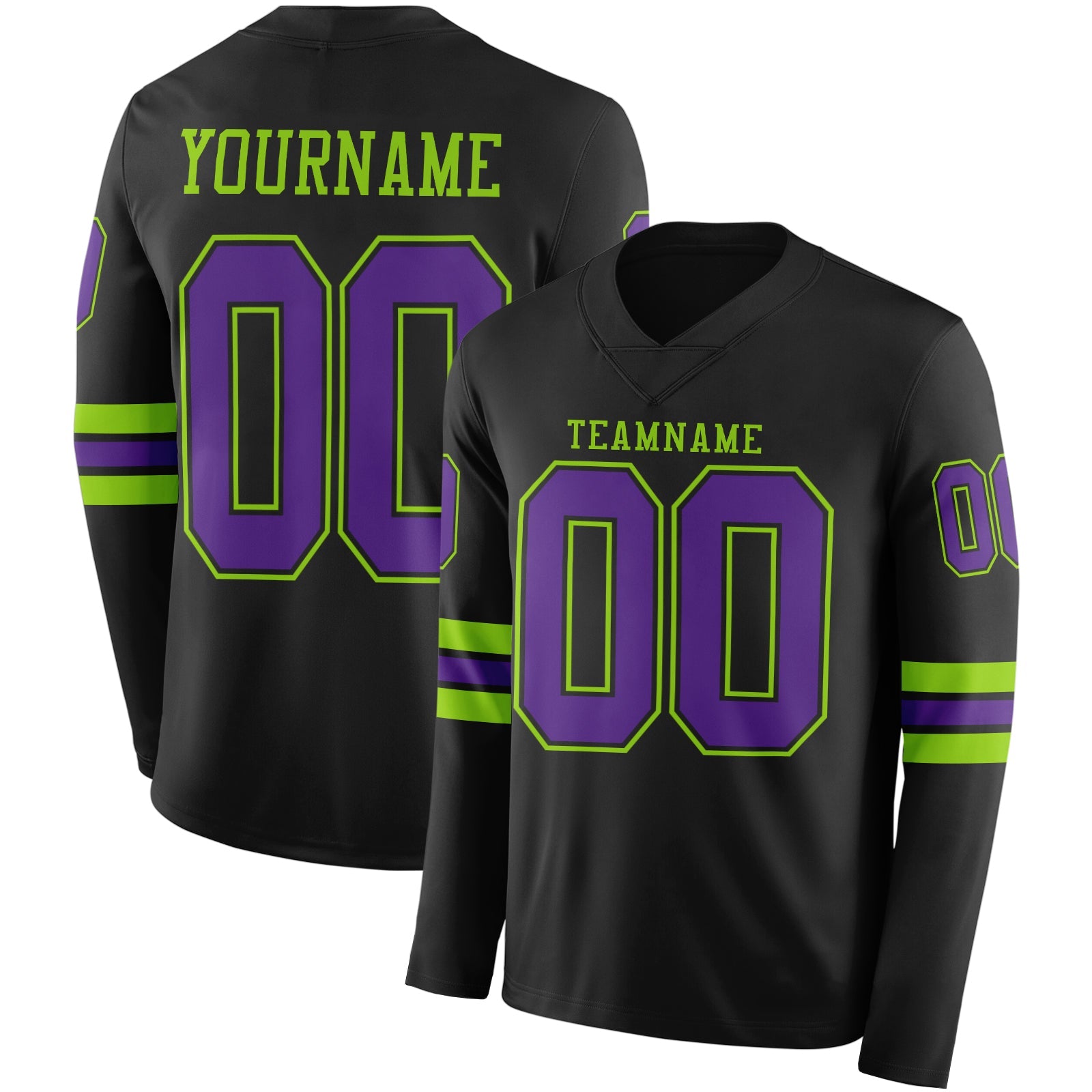 Custom Black Purple-Neon Green Long Sleeve Authentic Football Jersey