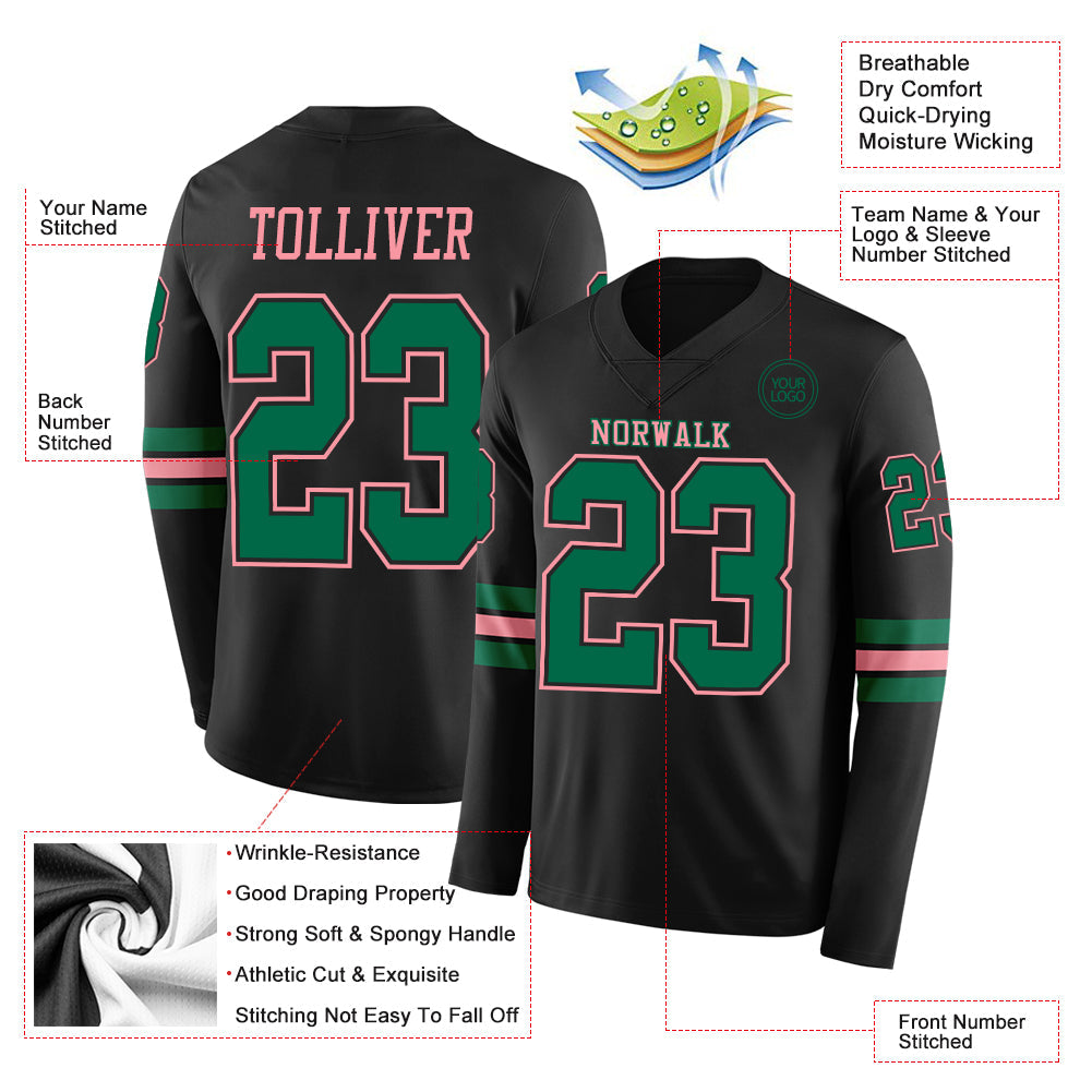 Custom Black Kelly Green-Medium Pink Long Sleeve Authentic Football Jersey