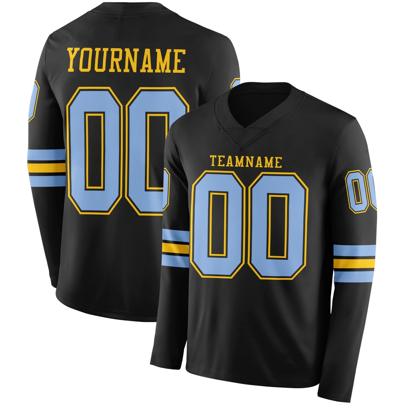 Custom Black Light Blue-Yellow Long Sleeve Authentic Football Jersey