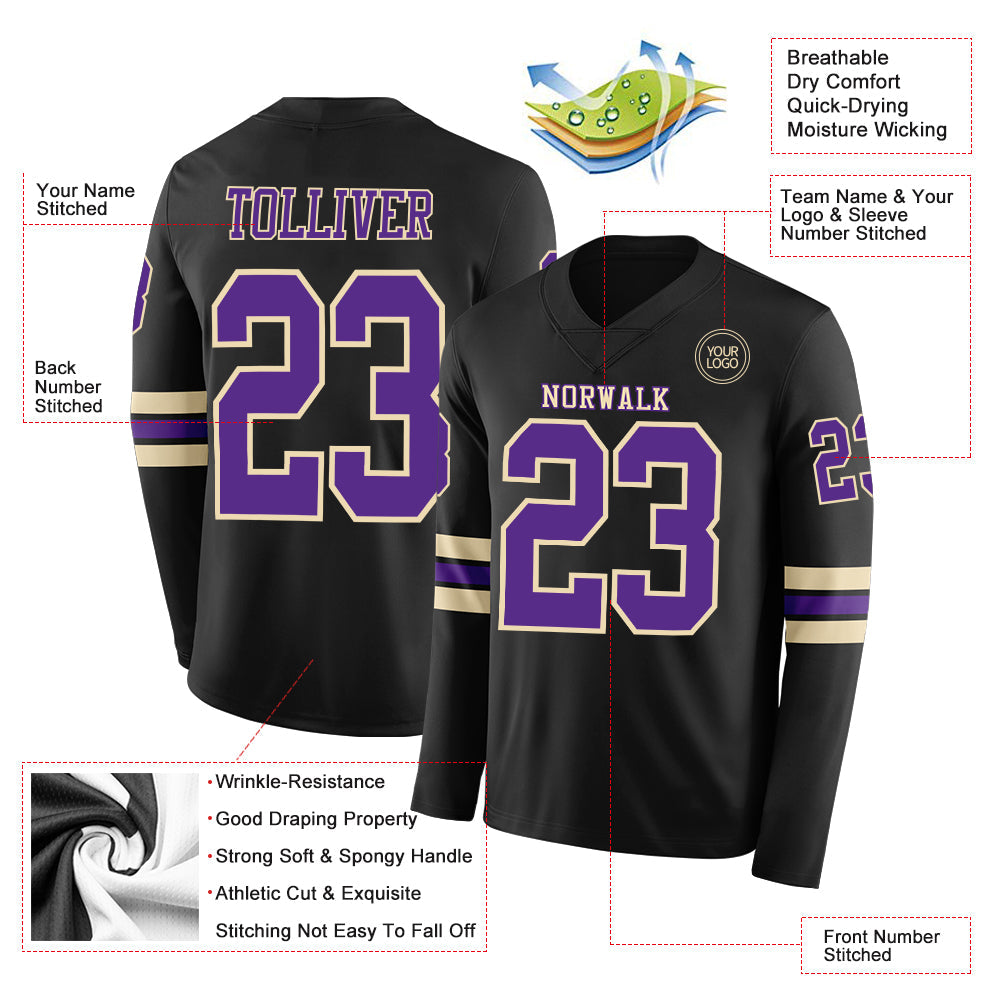 Custom Black Purple-Cream Long Sleeve Authentic Football Jersey