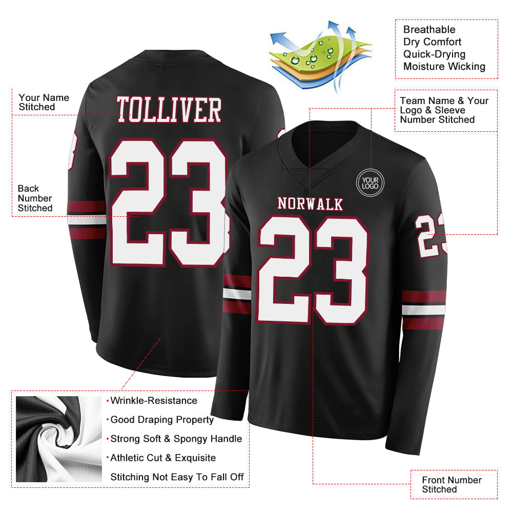Custom Black White-Crimson Long Sleeve Authentic Football Jersey