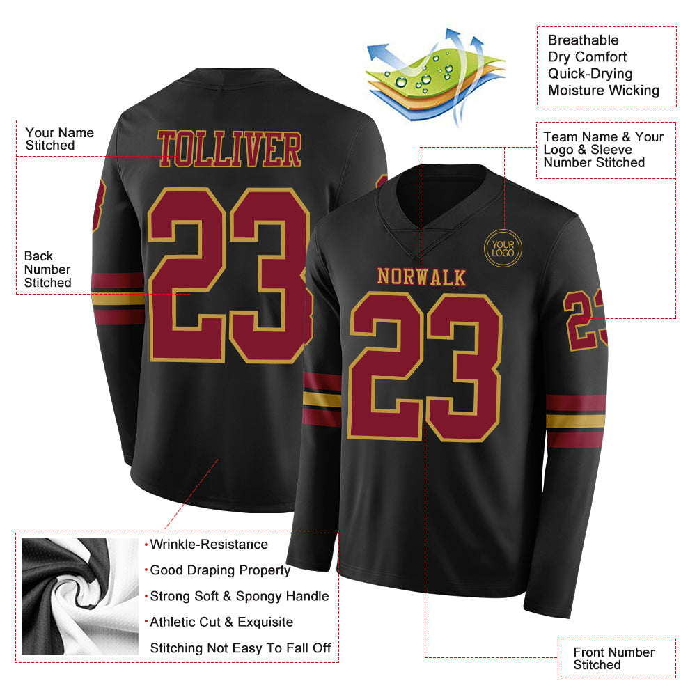 Custom Black Crimson-Old Gold Long Sleeve Authentic Football Jersey