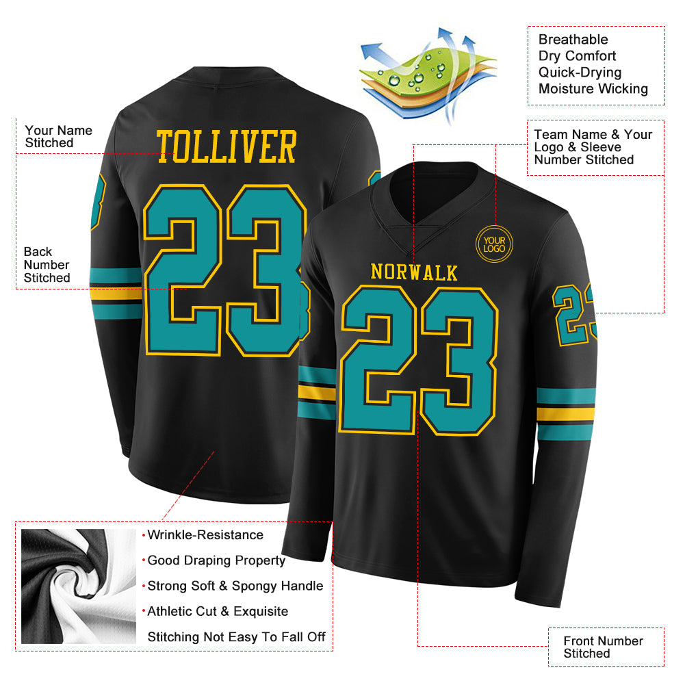 Custom Black Teal-Yellow Long Sleeve Authentic Football Jersey