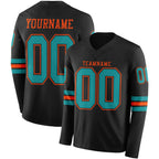 Custom Black Teal-Orange Long Sleeve Authentic Football Jersey