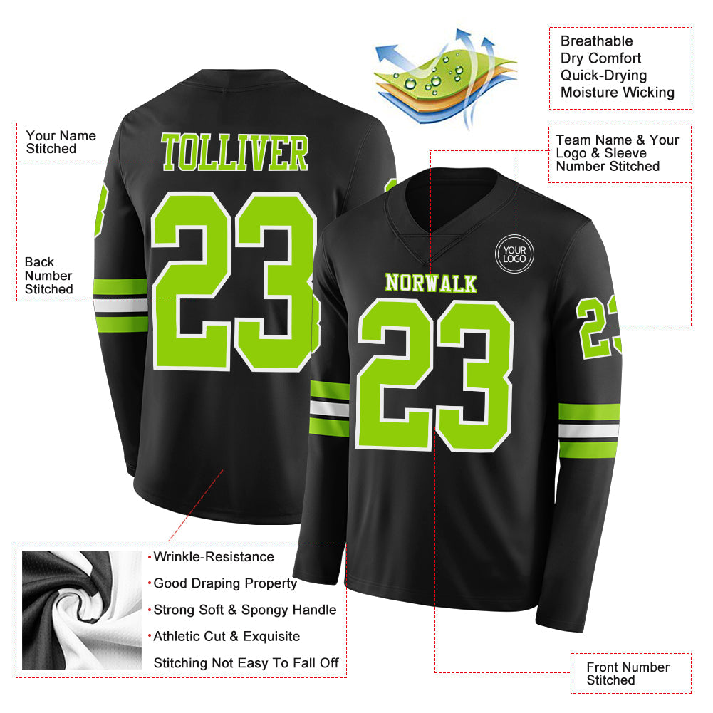 Custom Black Neon Green-White Long Sleeve Authentic Football Jersey