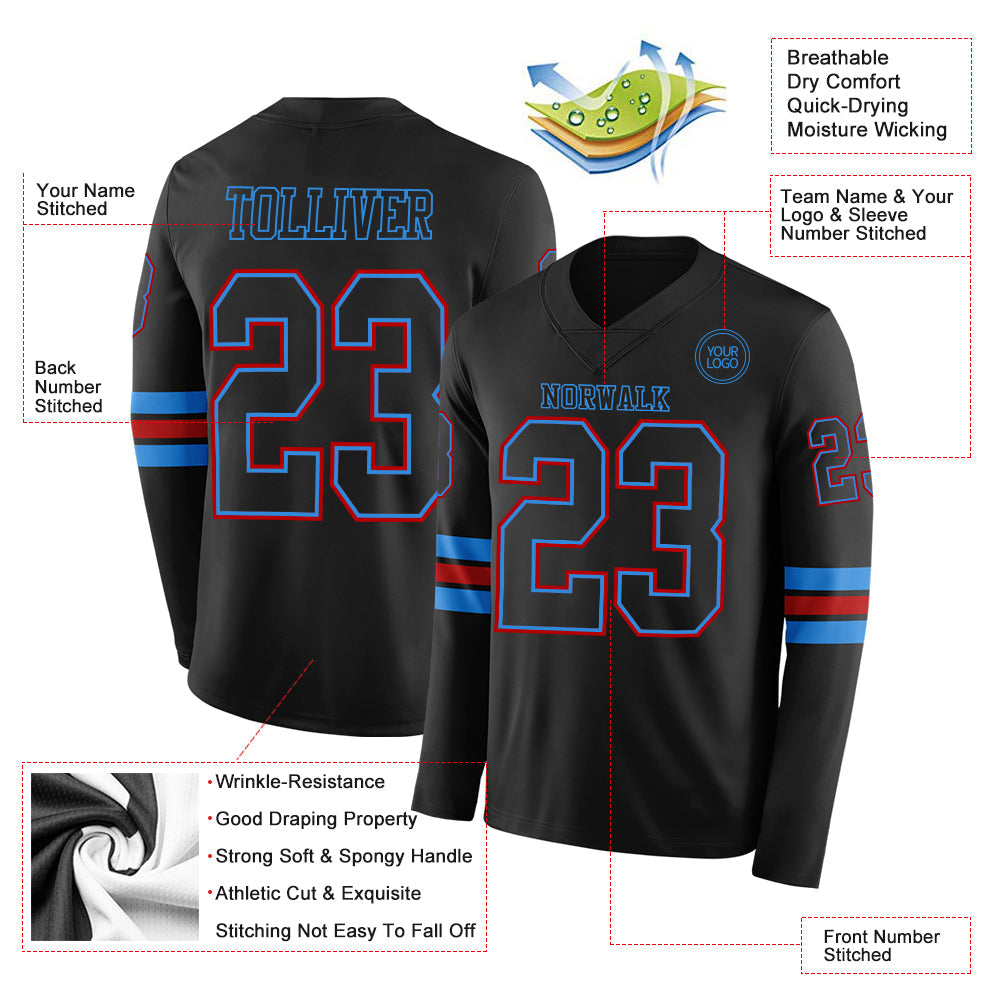 Custom Black Powder Blue-Red Long Sleeve Authentic Football Jersey
