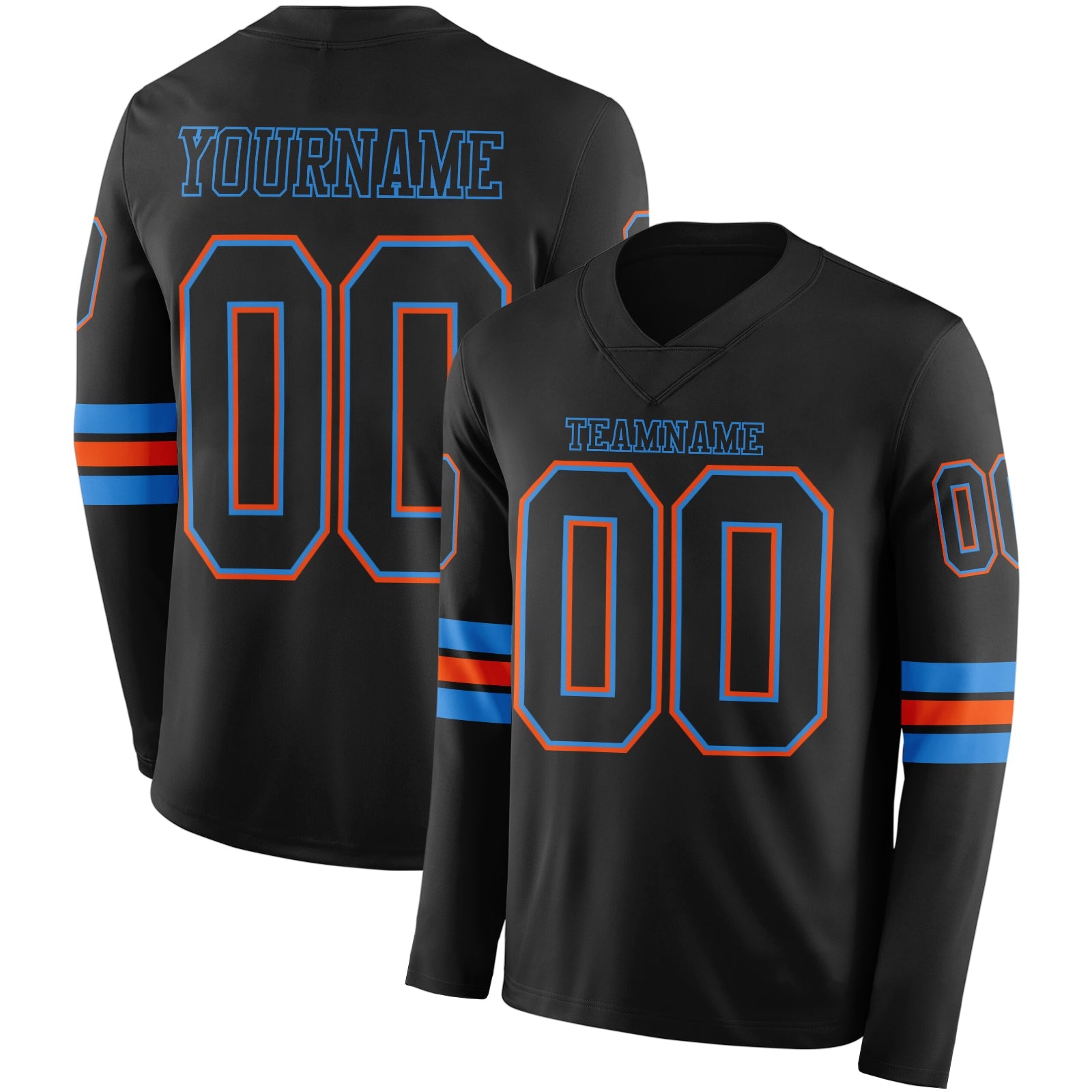 Custom Black Powder Blue-Orange Long Sleeve Authentic Football Jersey