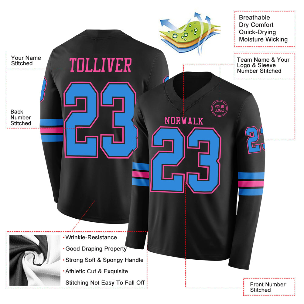 Custom Black Powder Blue-Pink Long Sleeve Authentic Football Jersey