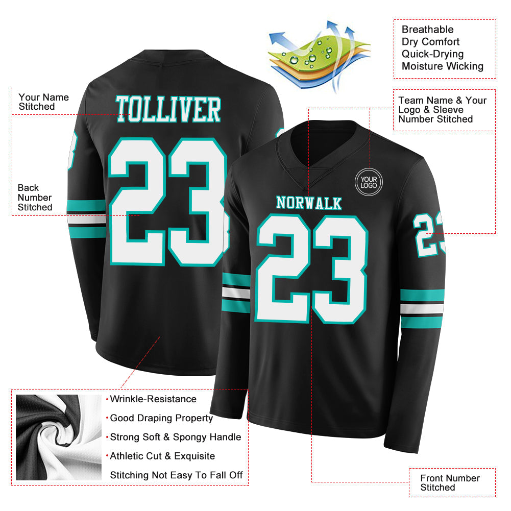Custom Black White-Aqua Long Sleeve Authentic Football Jersey
