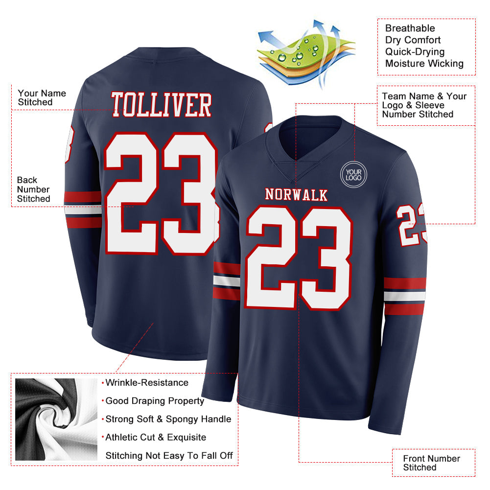 Custom Navy White-Red Long Sleeve Authentic Football Jersey