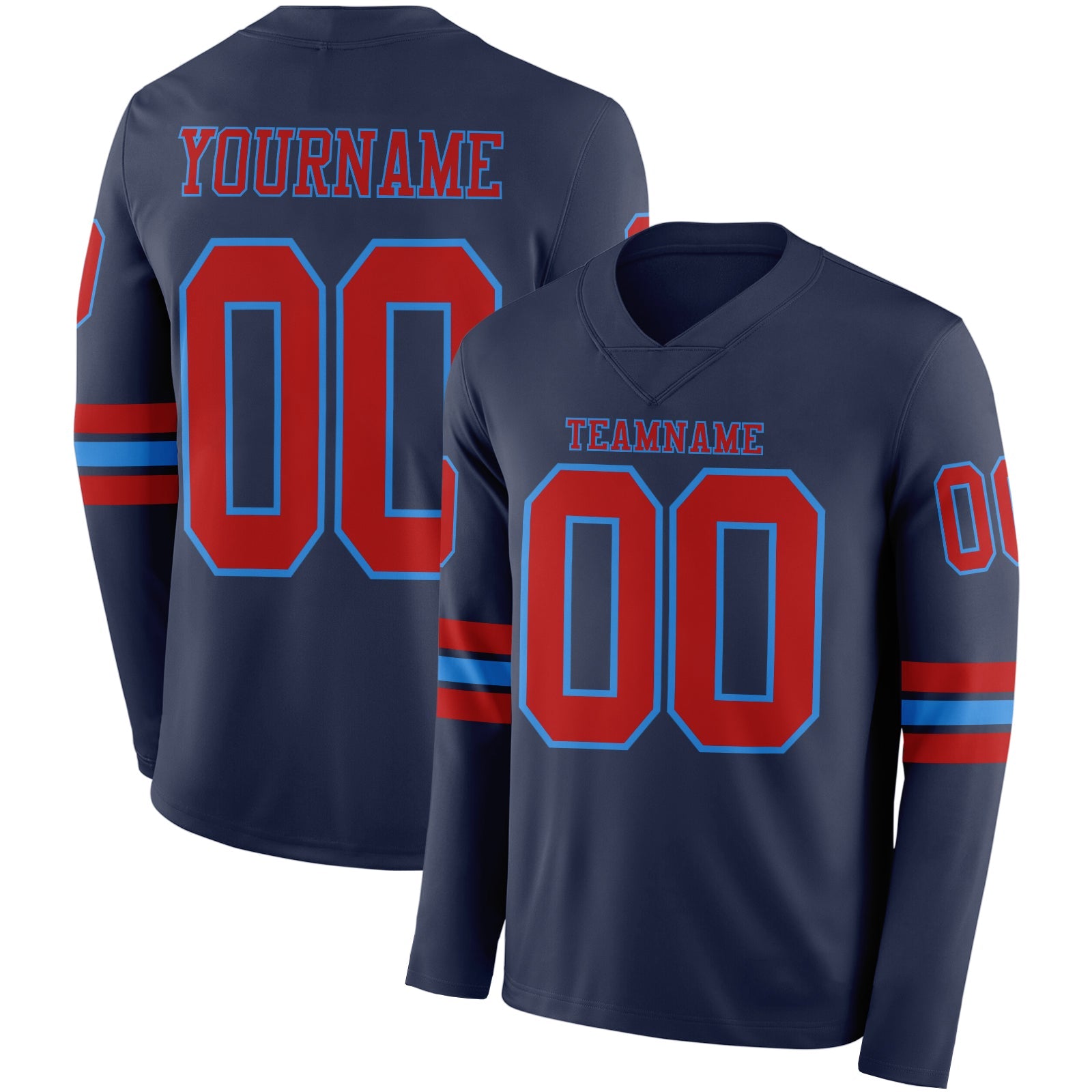 Custom Navy Red-Powder Blue Long Sleeve Authentic Football Jersey