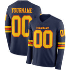 Custom Navy Yellow-Orange Long Sleeve Authentic Football Jersey