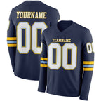 Custom Navy White Light Blue-Yellow Long Sleeve Authentic Football Jersey