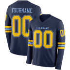 Custom Navy Yellow-Light Blue Long Sleeve Authentic Football Jersey