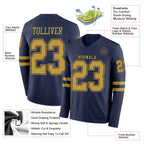 Custom Navy Old Gold Long Sleeve Authentic Football Jersey