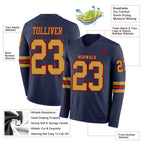 Custom Navy Old Gold-Red Long Sleeve Authentic Football Jersey