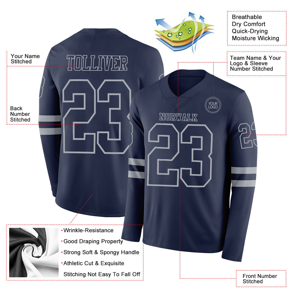 Custom Navy Gray Long Sleeve Authentic Football Jersey