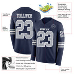 Custom Navy Gray-White Long Sleeve Authentic Football Jersey