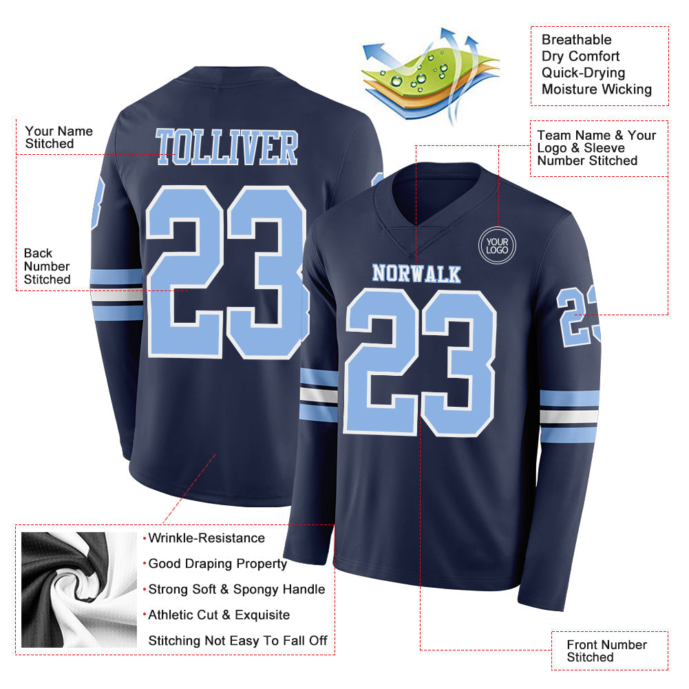 Custom Navy Light Blue-White Long Sleeve Authentic Football Jersey