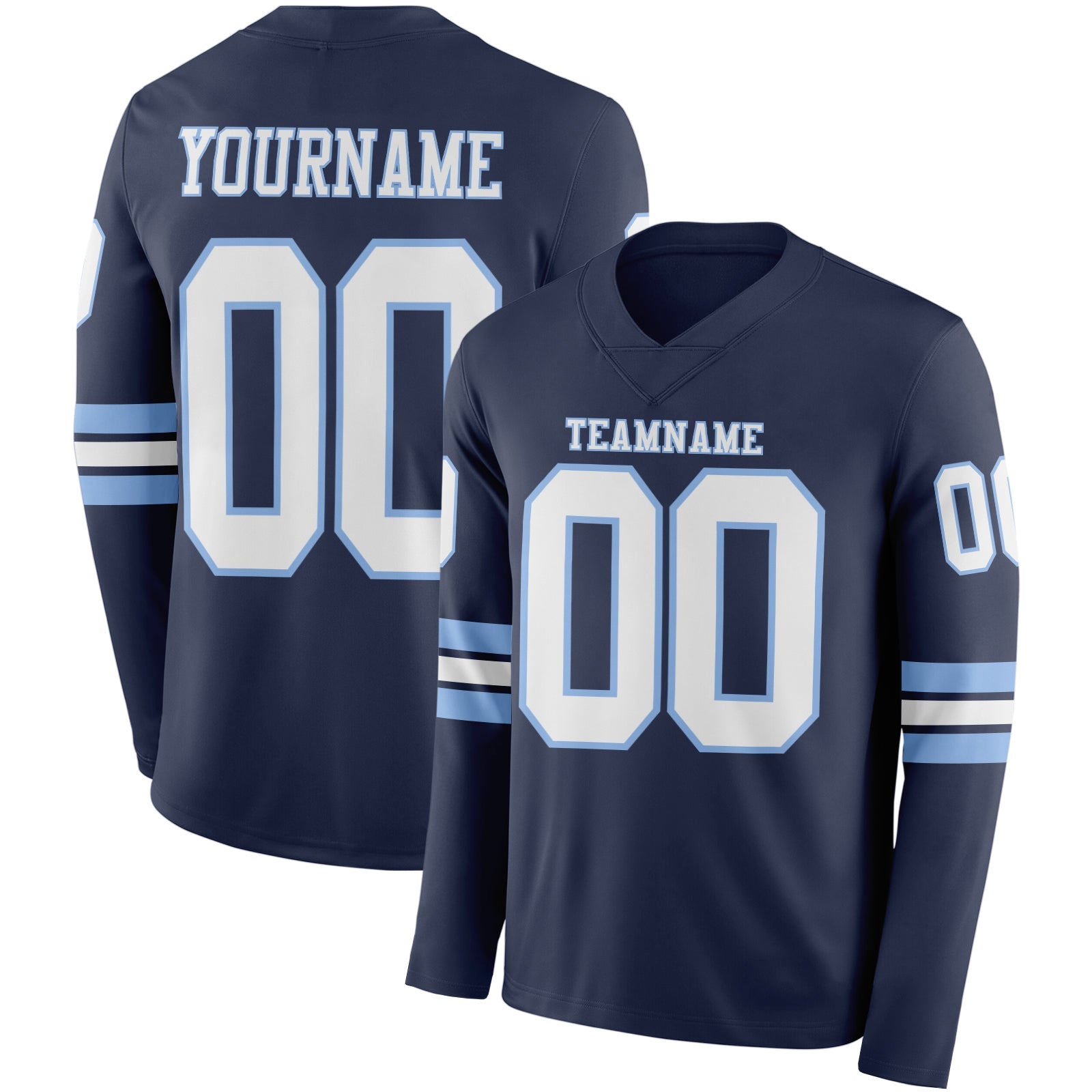 Custom Navy White-Light Blue Long Sleeve Authentic Football Jersey