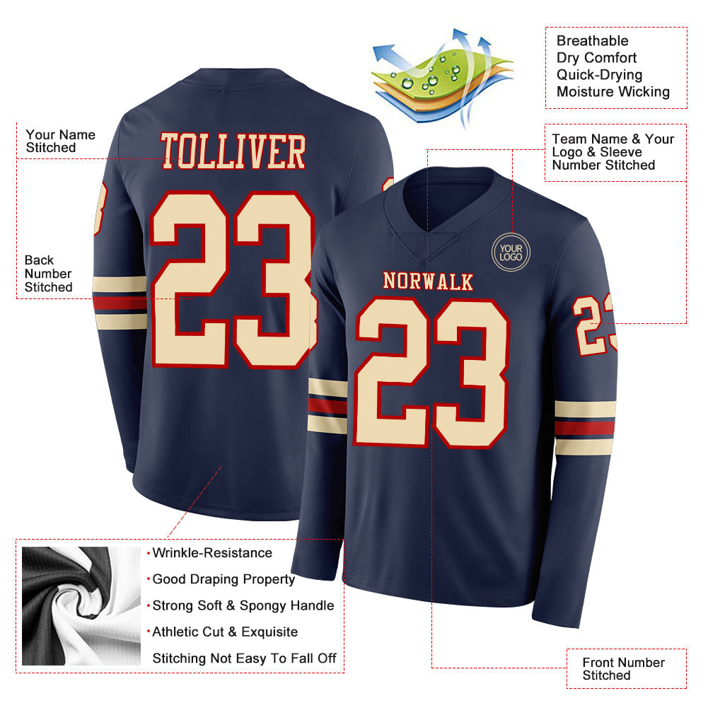 Custom Navy Cream-Red Long Sleeve Authentic Football Jersey