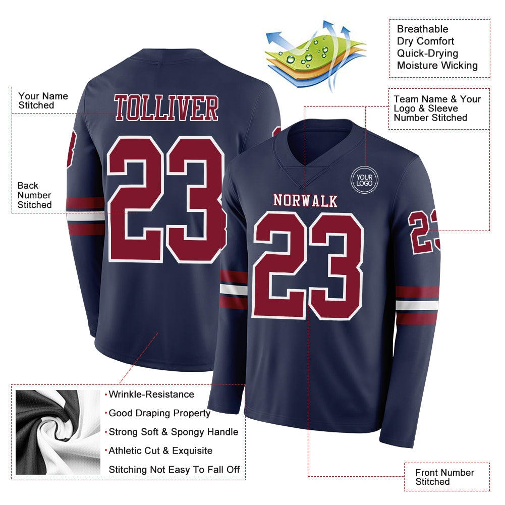 Custom Navy Crimson-White Long Sleeve Authentic Football Jersey