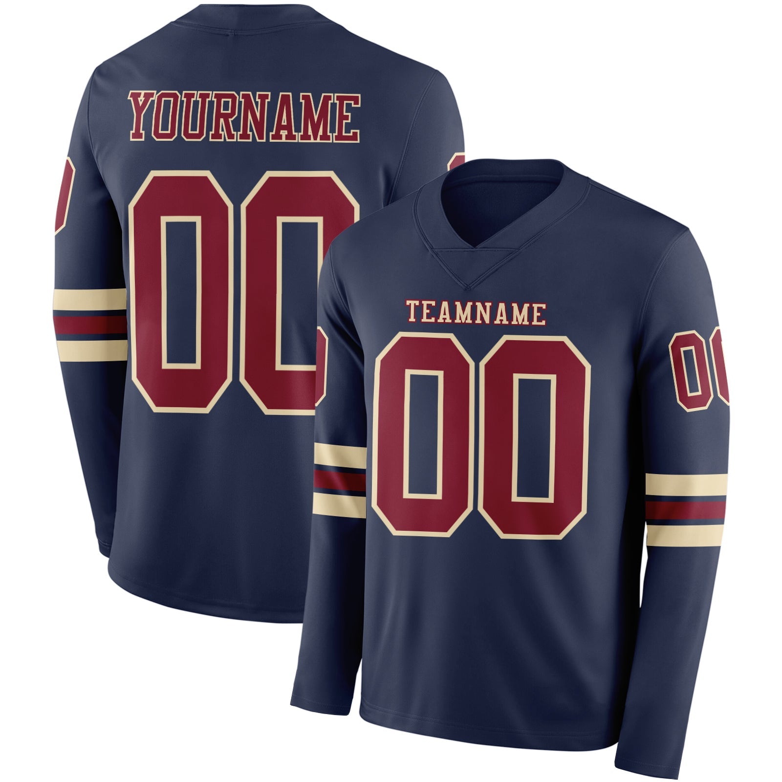 Custom Navy Crimson-Cream Long Sleeve Authentic Football Jersey