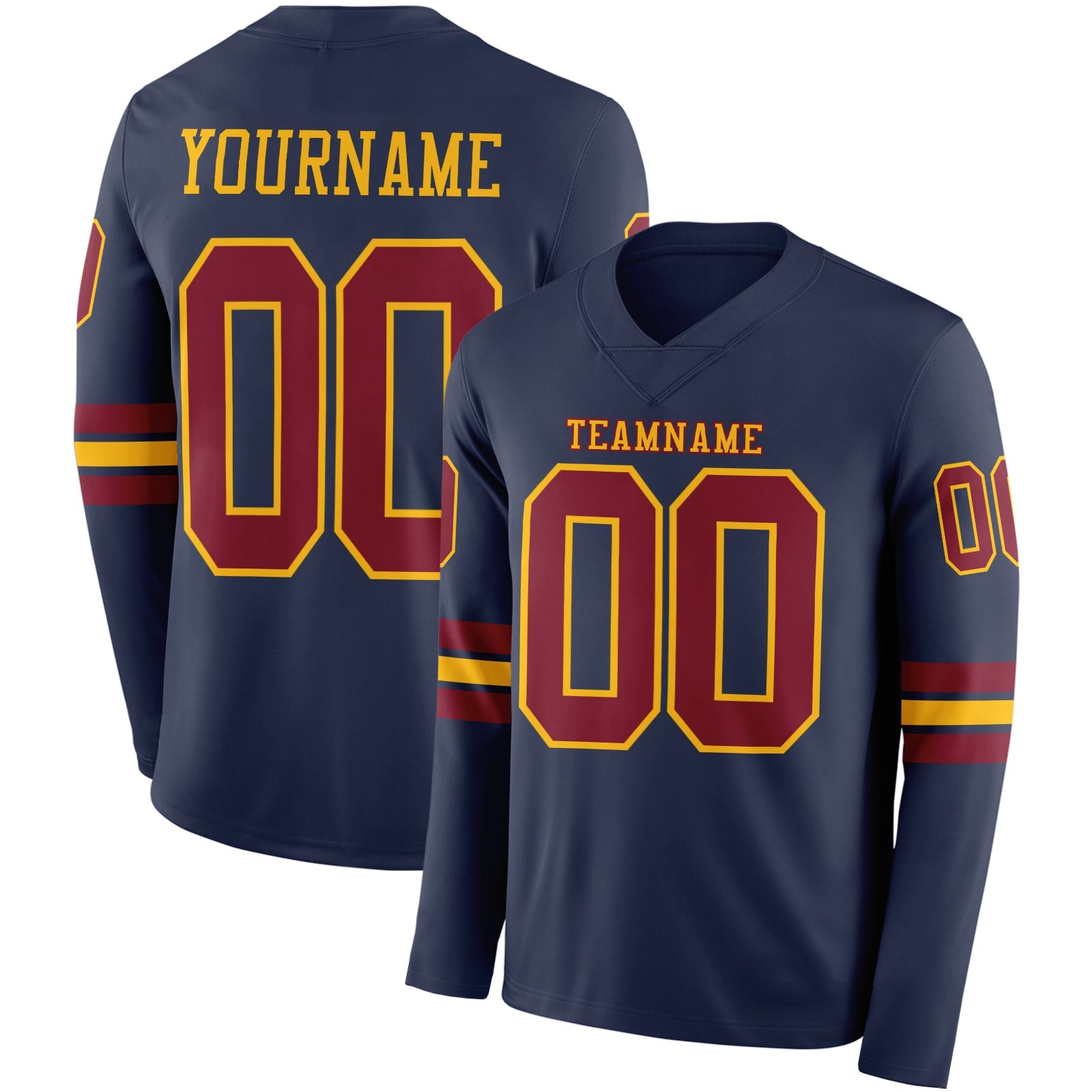 Custom Navy Crimson-Gold Long Sleeve Authentic Football Jersey
