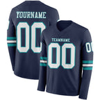 Custom Navy White-Teal Long Sleeve Authentic Football Jersey
