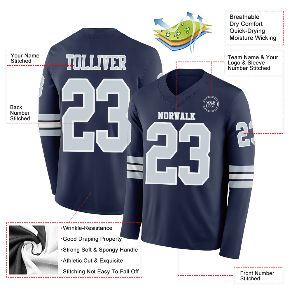 Custom Navy Silver-White Long Sleeve Authentic Football Jersey