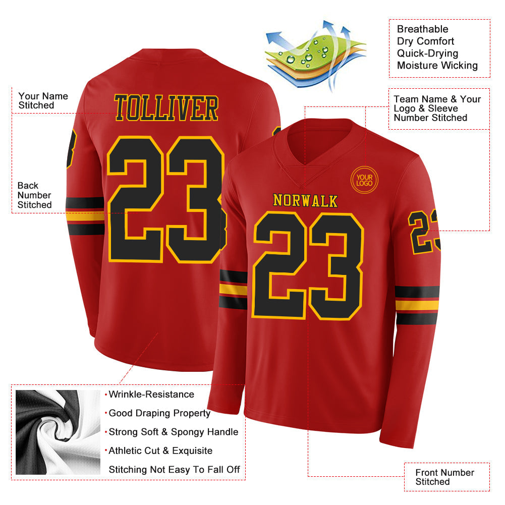 Custom Red Black-Gold Long Sleeve Authentic Football Jersey