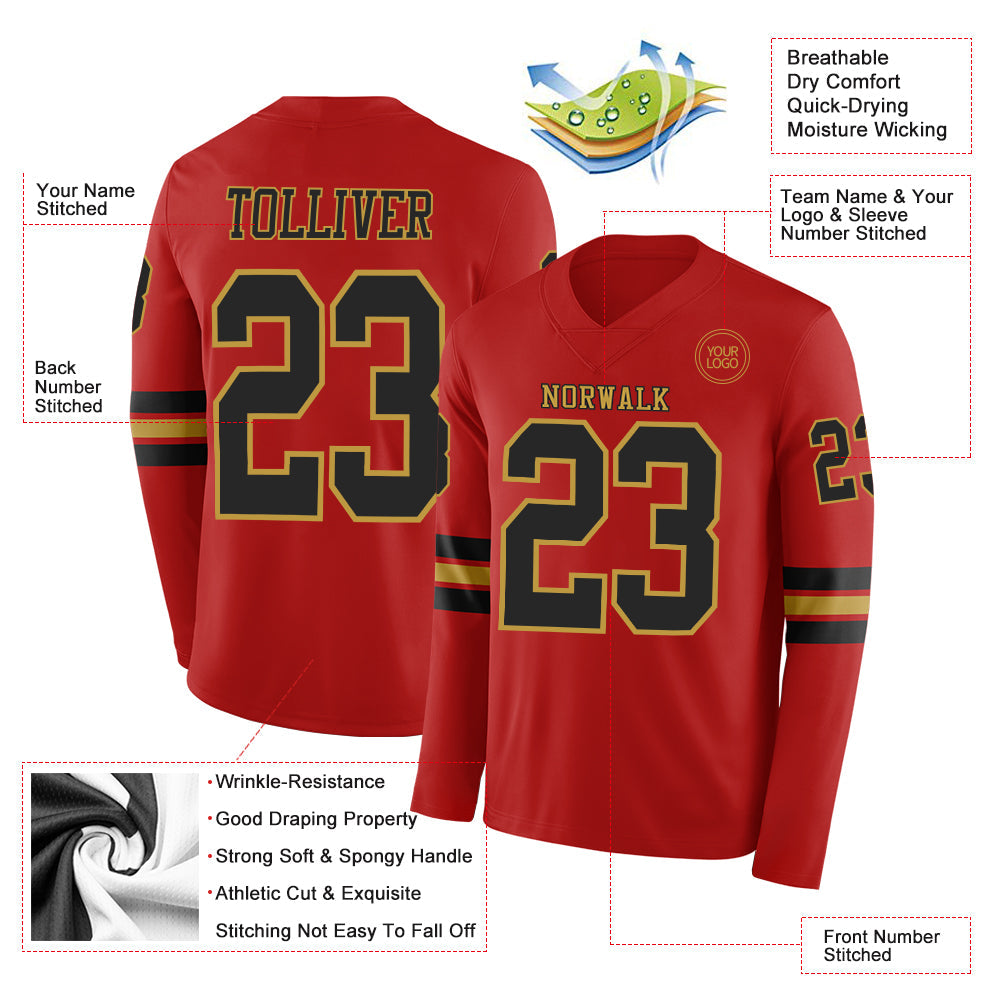 Custom Red Black-Old Gold Long Sleeve Authentic Football Jersey