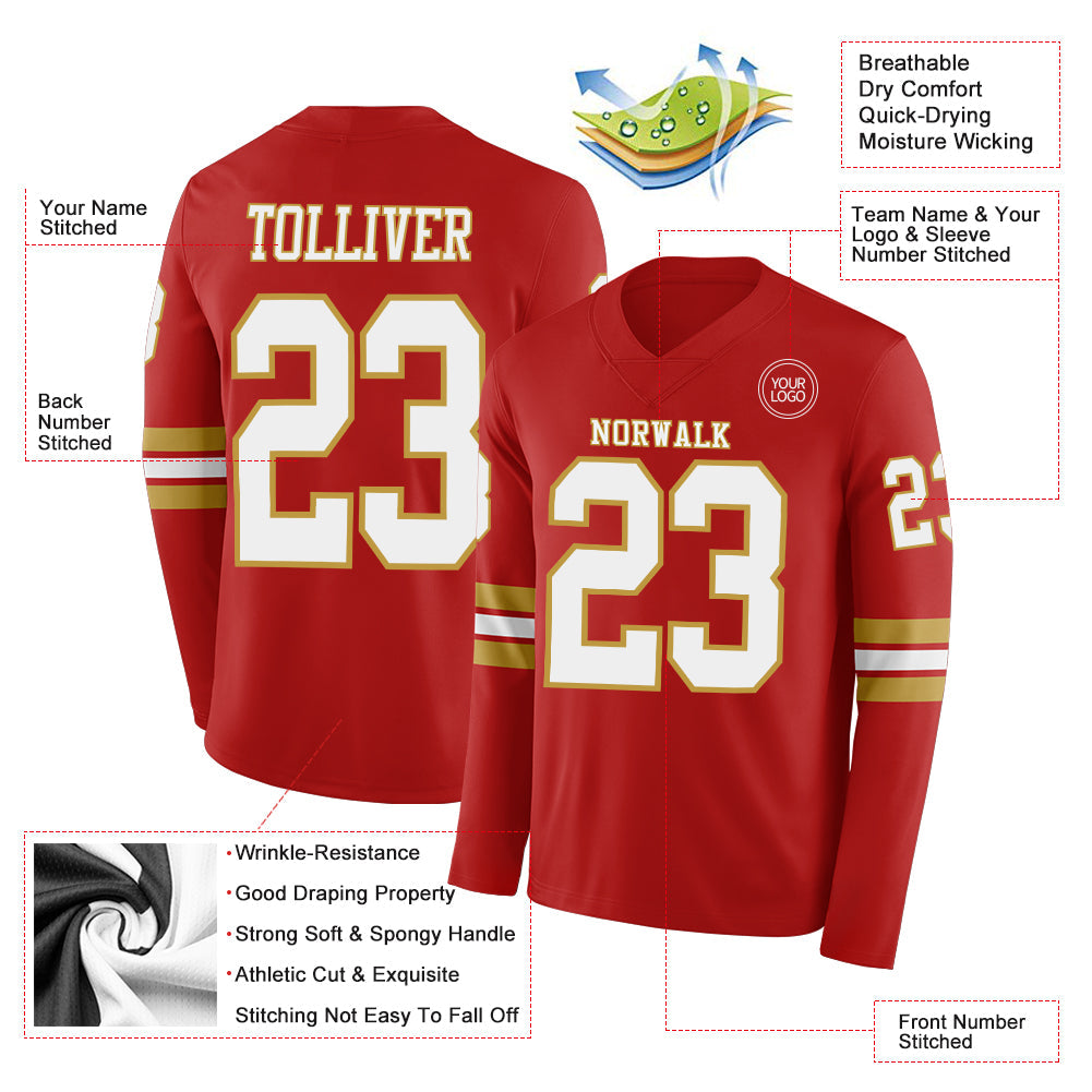Custom Red White-Old Gold Long Sleeve Authentic Football Jersey