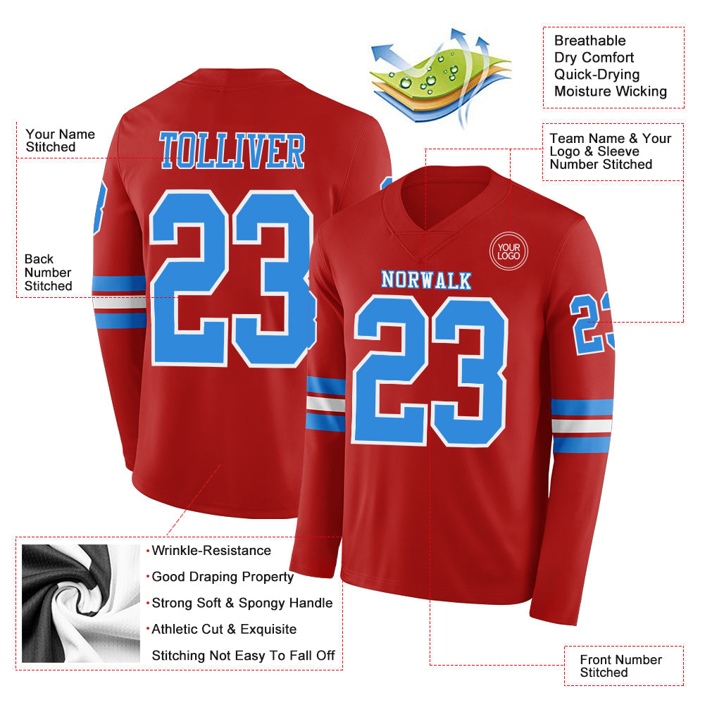 Custom Red Powder Blue-White Long Sleeve Authentic Football Jersey