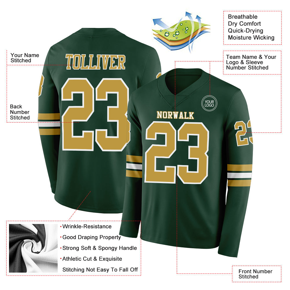 Custom Green Old Gold-White Long Sleeve Authentic Football Jersey