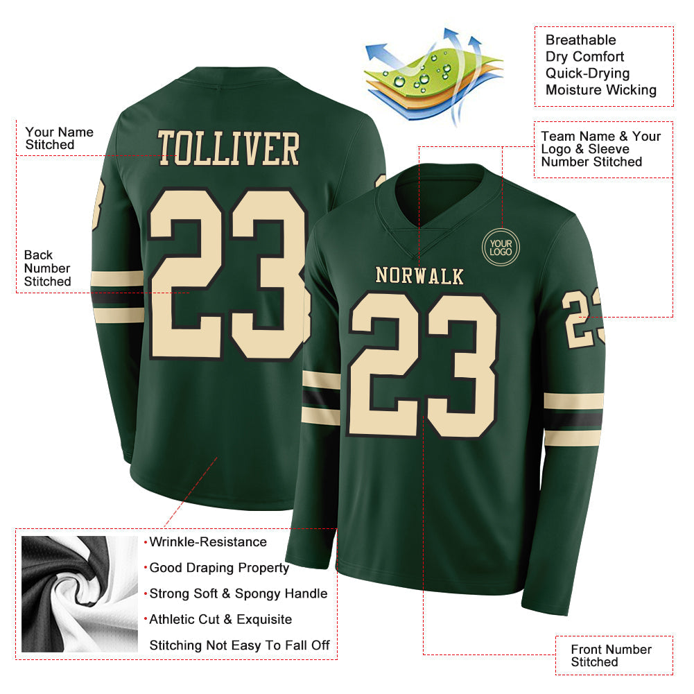 Custom Green Cream-Black Long Sleeve Authentic Football Jersey