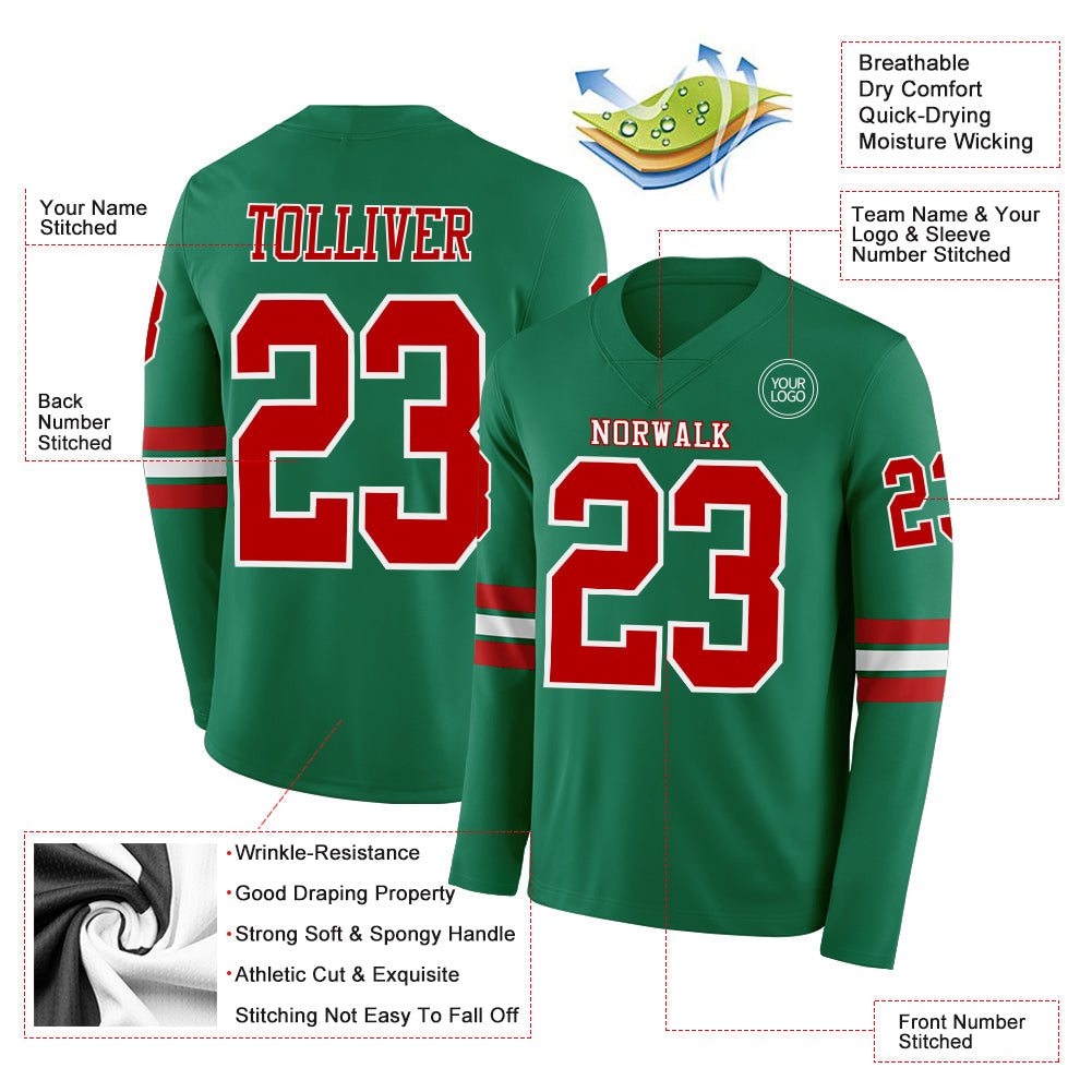 Custom Kelly Green Red-White Long Sleeve Authentic Football Jersey